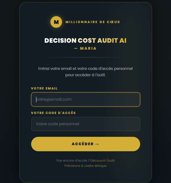 Écran de connexion Decision Cost Audit AI — interface sécurisée