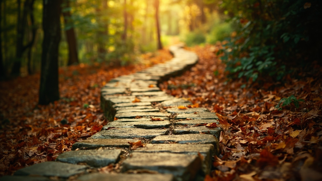 Chemin de pierre en forêt automnale