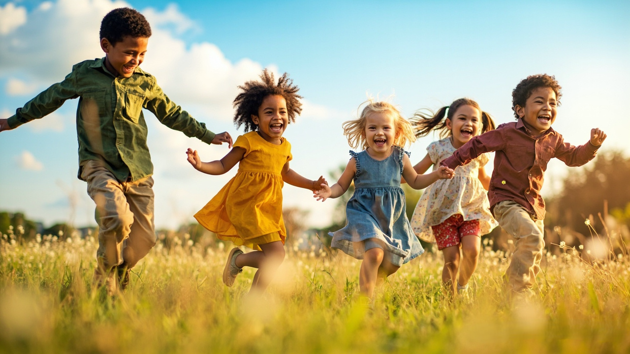 Enfants courant librement dans un champ